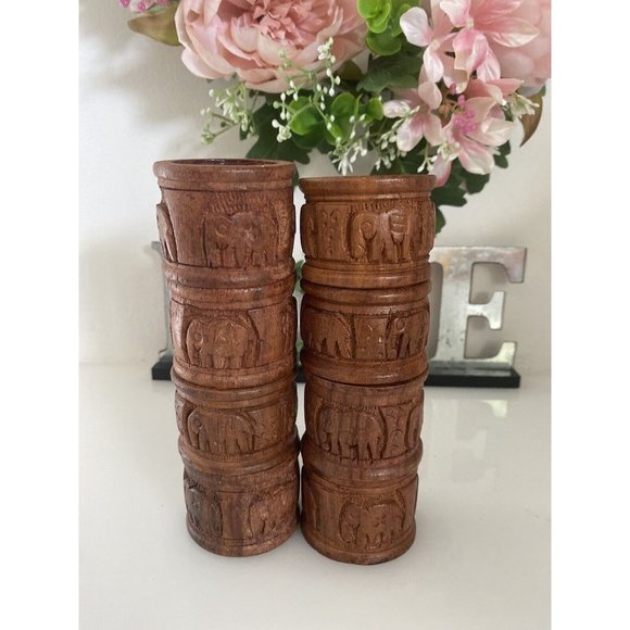 Vintage Elephant Retro Boho Hand Carved Wood Napkin Rings Holders India Set Of 8 - Picture 9 of 16